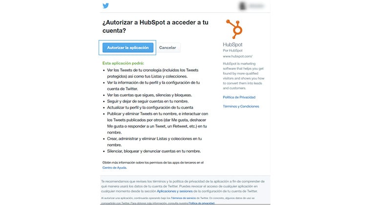 Aceptar permisos de Twitter en HubSpot