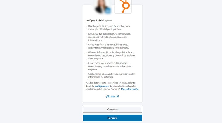 Aceptar permisos de LinkedIn en HubSpot